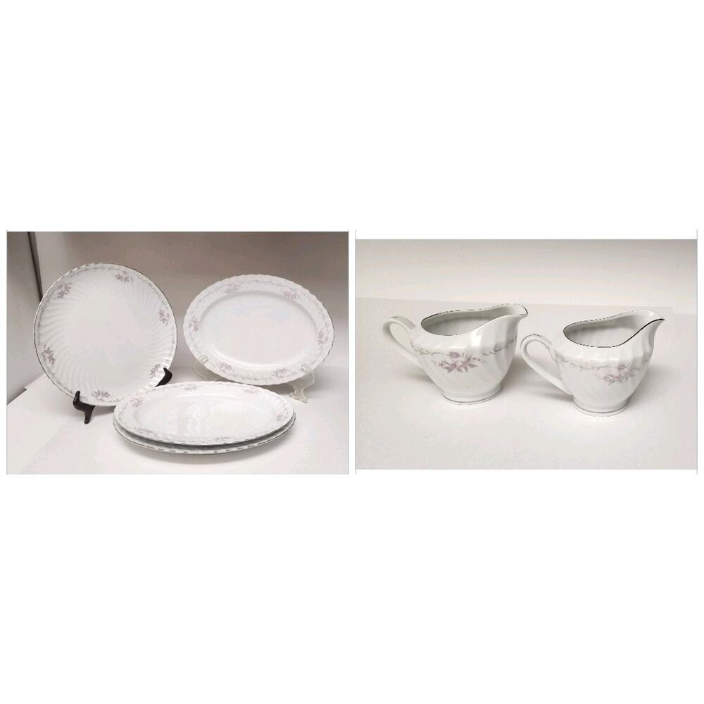 Gold Standard White Silver & Pink /1 Round & 3 Oval Serving Platter/ 2 Creamer